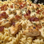 Creamy Chicken Bacon Ranch Pasta in a white bowl.