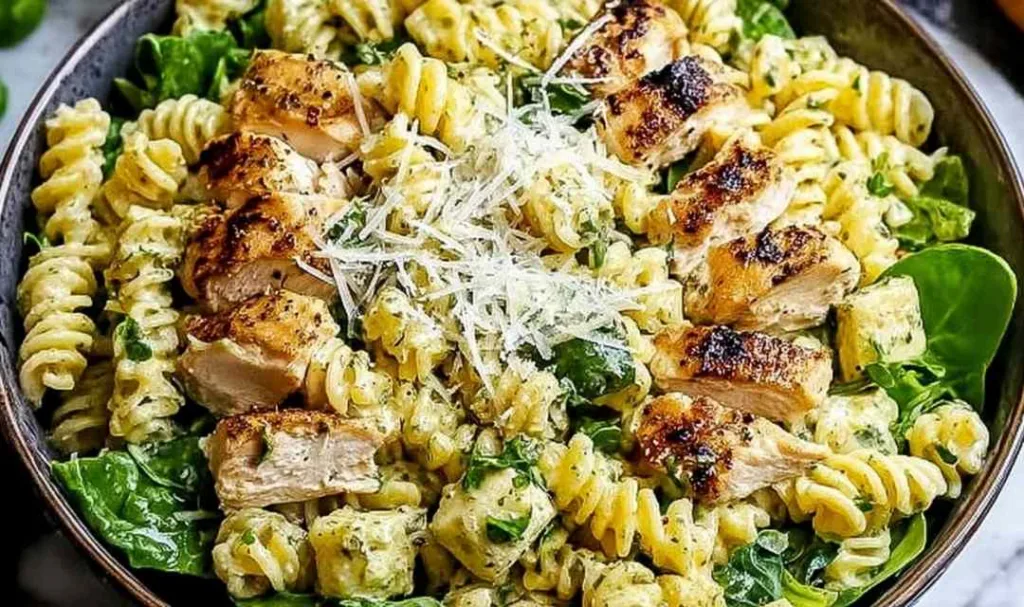 Chicken Caesar pasta salad in a large wooden bowl with romaine, croutons, cherry tomatoes, and Parmesan