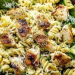 Chicken Caesar pasta salad in a large wooden bowl with romaine, croutons, cherry tomatoes, and Parmesan