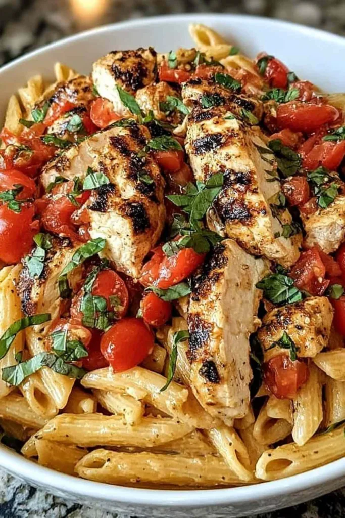 A vibrant skillet of Chicken Pasta Primavera with colorful vegetables and parmesan cheese.