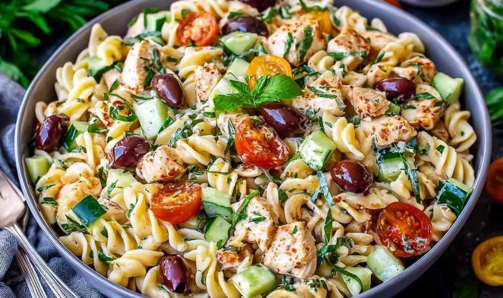 Chicken pasta salad ingredients flat lay with whole wheat pasta, avocado, cherry tomatoes, basil, and lemon