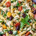Chicken pasta salad ingredients flat lay with whole wheat pasta, avocado, cherry tomatoes, basil, and lemon