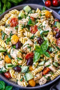 Chicken pasta salad ingredients flat lay with whole wheat pasta, avocado, cherry tomatoes, basil, and lemon