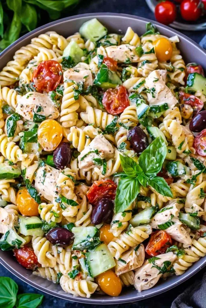 Chicken pasta salad ingredients flat lay with whole wheat pasta, avocado, cherry tomatoes, basil, and lemon