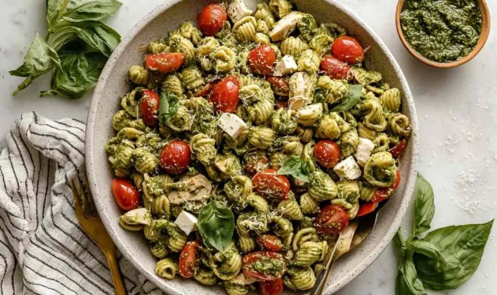 Chicken Pesto Pasta Salad in a white bowl with fresh basil.