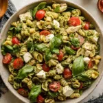 Chicken Pesto Pasta Salad in a white bowl with fresh basil.