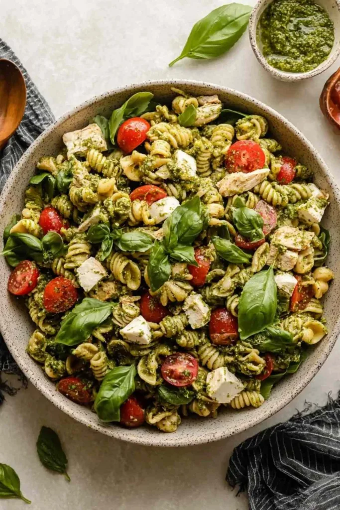 Chicken Pesto Pasta Salad in a white bowl with fresh basil.