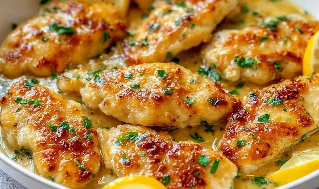 Chicken Scallopini in a lemon butter sauce on a white plate.