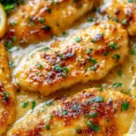 Chicken Scallopini in a lemon butter sauce on a white plate.