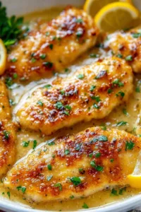Chicken Scallopini in a lemon butter sauce on a white plate.