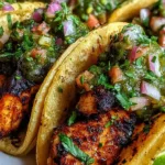 Close up of Chicken Street Tacos topped with onion and cilantro on a wooden board.