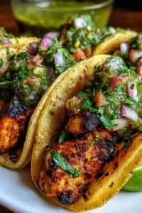 Close up of Chicken Street Tacos topped with onion and cilantro on a wooden board.