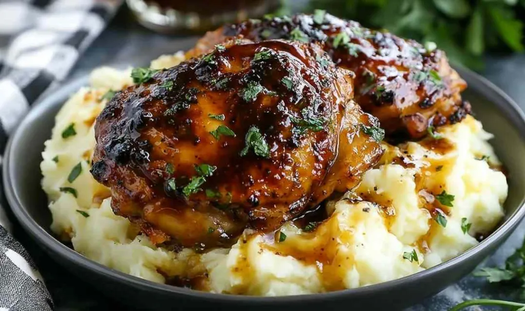 Chipotle Honey Chicken Thighs With Smoked Gouda Mashed Potatoes plated for dinner