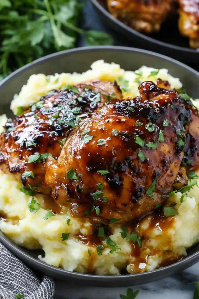 Chipotle Honey Chicken Thighs With Smoked Gouda Mashed Potatoes plated for dinner