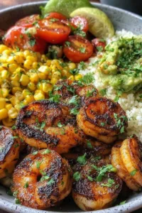 Cilantro Lime Shrimp Bowl served in a white bowl with fresh lime wedges.