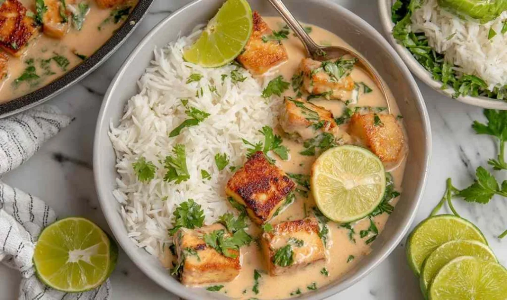 Crispy Coconut Lime Tofu served over jasmine rice with cilantro.