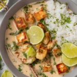 Crispy Coconut Lime Tofu served over jasmine rice with cilantro.