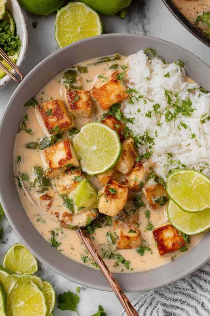 Crispy Coconut Lime Tofu served over jasmine rice with cilantro.