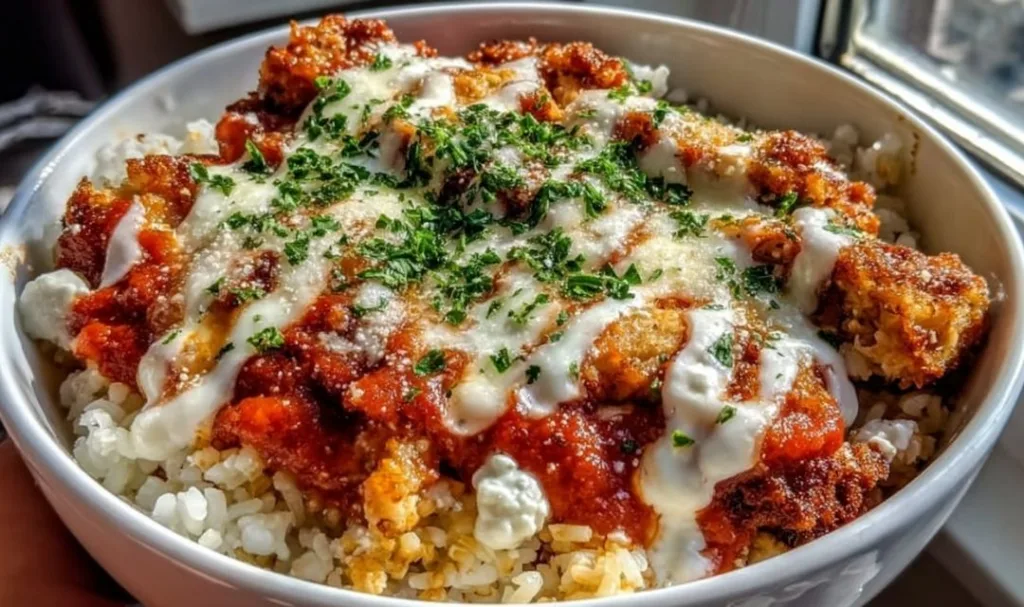 Cottage Cheese Chicken Parm Bowl in a white bowl close up