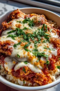 Cottage Cheese Chicken Parm Bowl in a white bowl close up