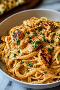 Cowboy Butter Chicken in a cast iron skillet with garlic herb butter sauce.