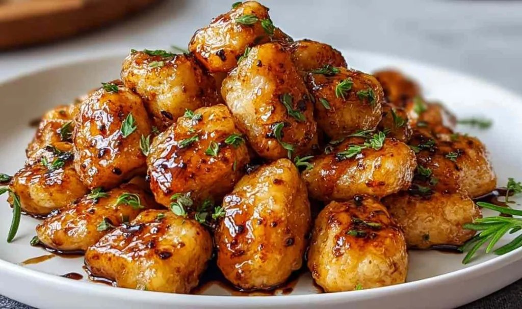 Cowboy Butter Chicken Bites in a cast iron skillet with garlic butter sauce.