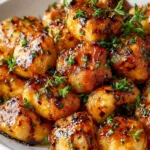 Cowboy Butter Chicken Bites in a cast iron skillet with garlic butter sauce.