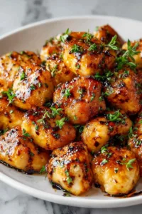 Cowboy Butter Chicken Bites in a cast iron skillet with garlic butter sauce.
