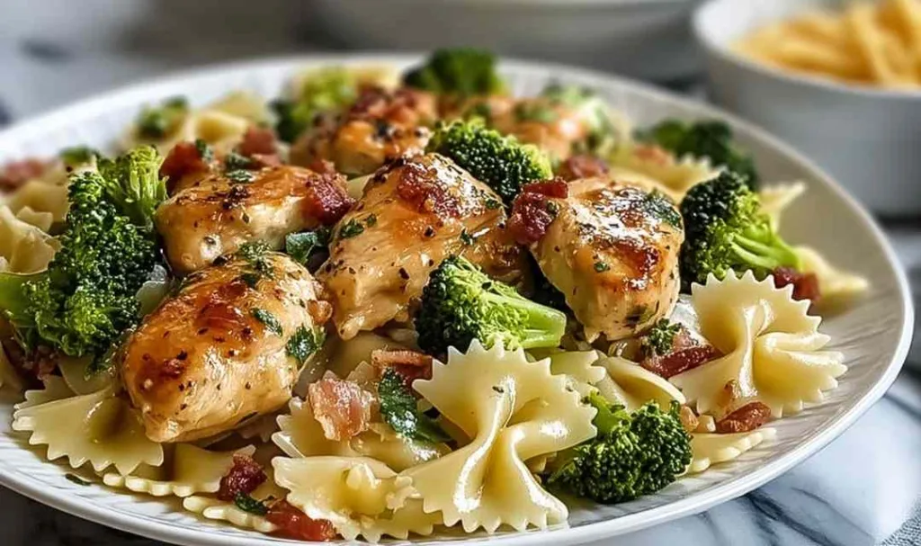 Cowboy Butter Lemon Bowtie Chicken with broccoli in a skillet