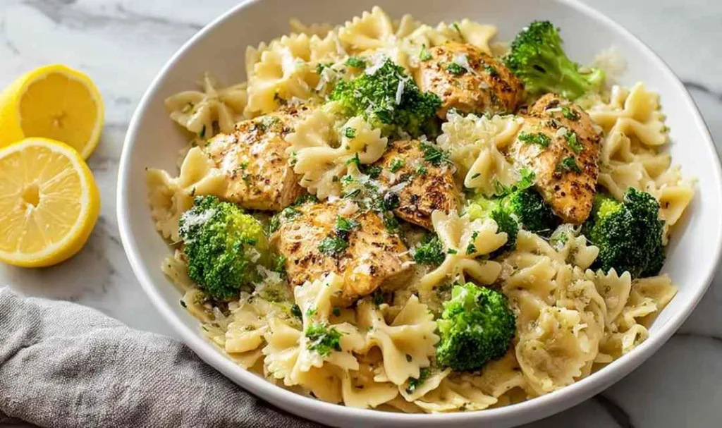 Cowboy Butter Lemon Bowtie Chicken with Broccoli in a skillet garnished with Parmesan
