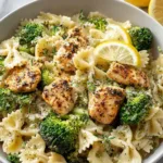 Cowboy Butter Lemon Bowtie Chicken with Broccoli in a skillet garnished with Parmesan