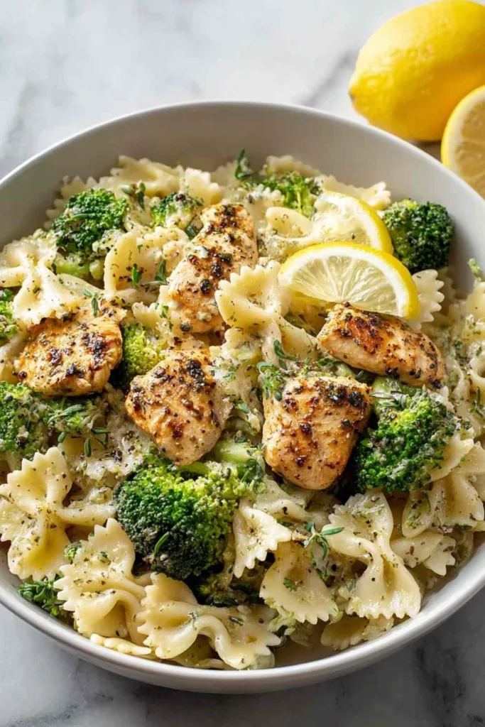 Cowboy Butter Lemon Bowtie Chicken with Broccoli in a skillet garnished with Parmesan