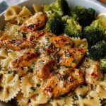 Cowboy Butter Lemon Chicken with pasta and broccoli in a skillet