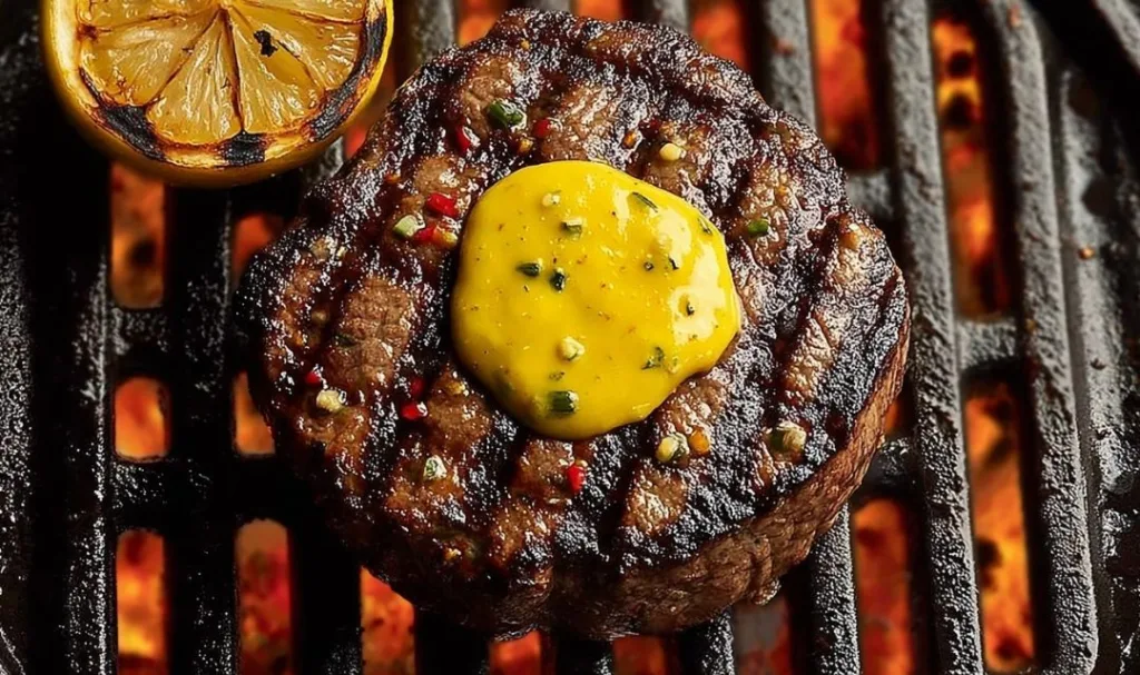 Cowboy Butter Steak sizzling in a cast iron skillet with herbs.