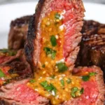 Cowboy Butter Steak sizzling in a cast iron skillet with herbs.
