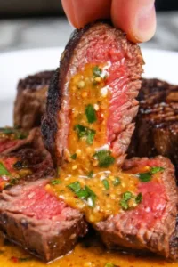 Cowboy Butter Steak sizzling in a cast iron skillet with herbs.