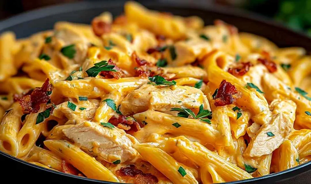 Crack chicken penne in a large pot with creamy cheddar ranch sauce, crispy bacon bits, and chopped green onion garnish