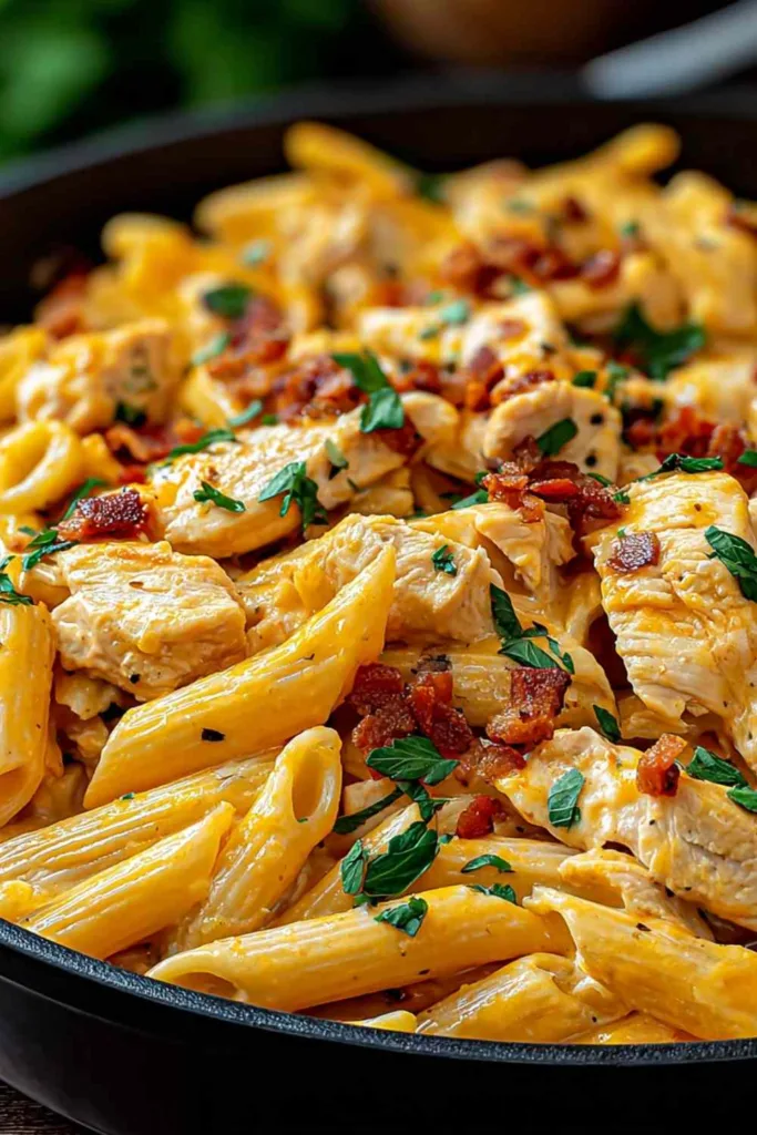 Crack chicken penne in a large pot with creamy cheddar ranch sauce, crispy bacon bits, and chopped green onion garnish