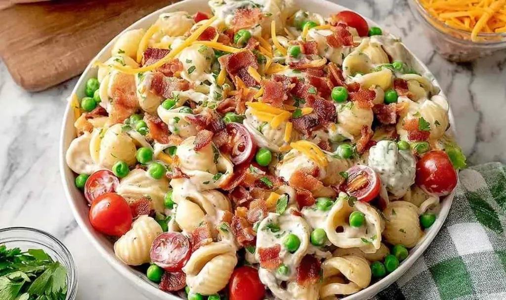 Creamy Bacon Ranch Pasta Salad in a large white bowl with crispy bacon and fresh herbs