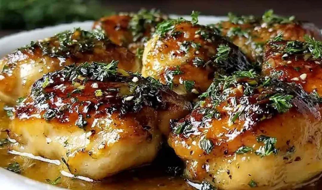 Creamy Garlic Chicken in a white skillet with sauce