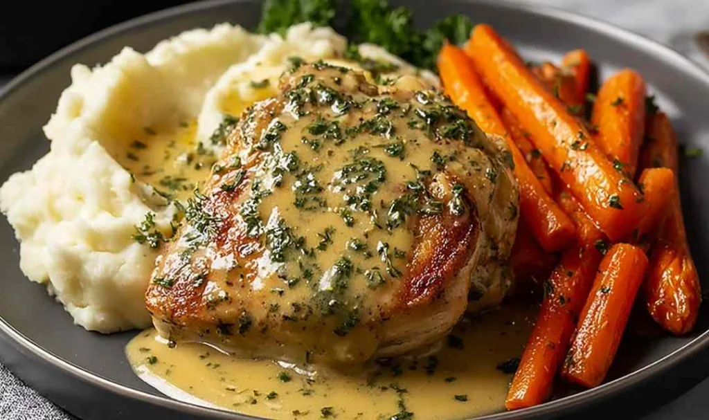 Creamy Herb Chicken with mashed potatoes and glazed carrots on a white plate