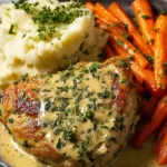 Creamy Herb Chicken with mashed potatoes and glazed carrots on a white plate
