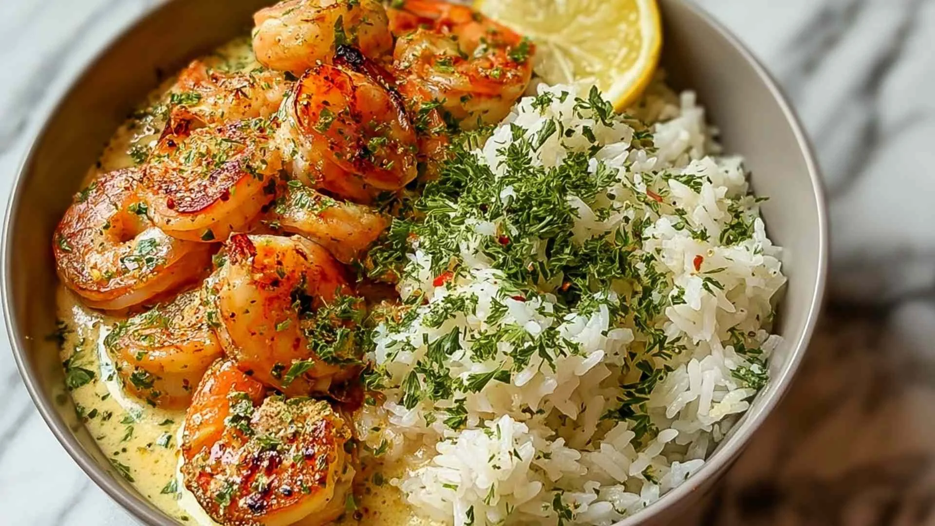 Creamy Herb Rice with Garlic Butter Shrimp Bowl