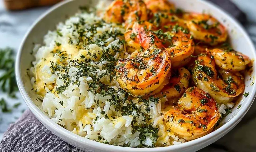 Creamy herb rice with garlic butter shrimp bowl served in a white bowl