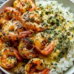 Creamy herb rice with garlic butter shrimp bowl served in a white bowl