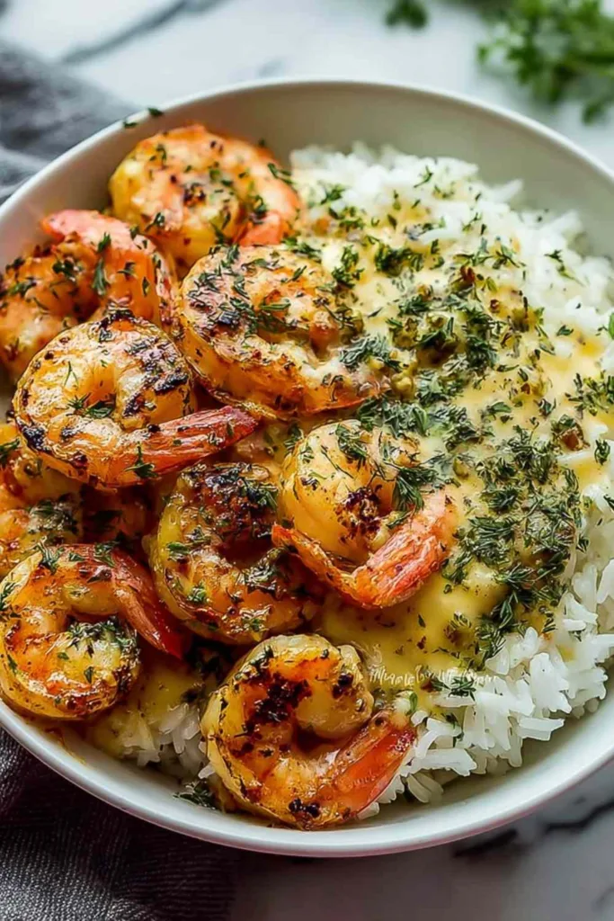Creamy herb rice with garlic butter shrimp bowl served in a white bowl