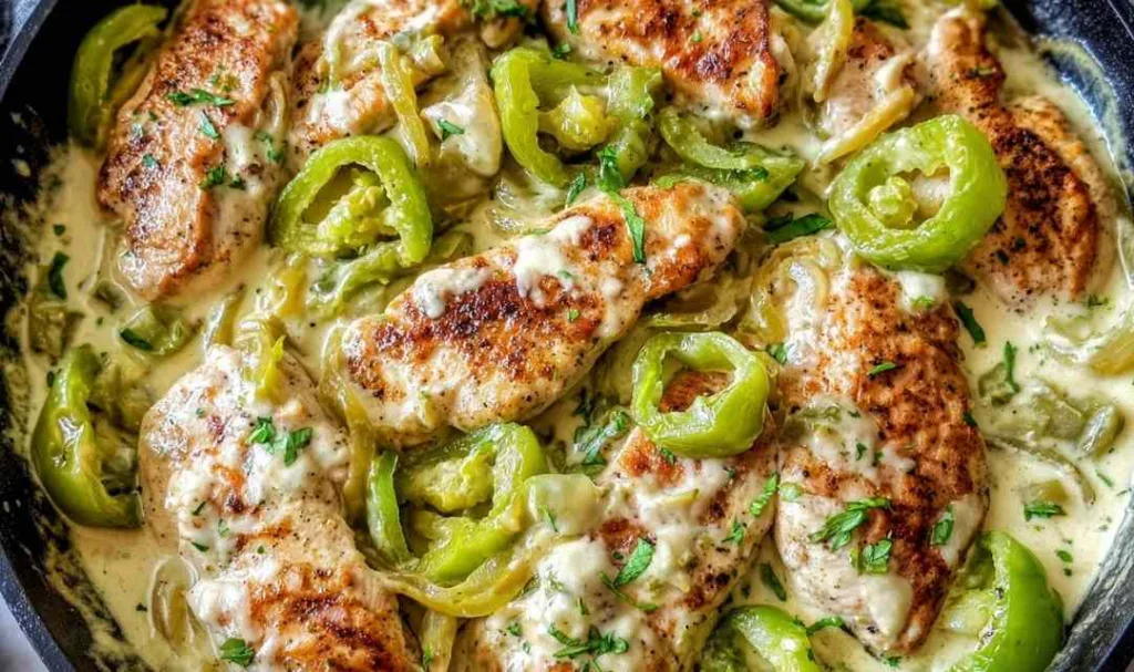 Creamy Pepperoncini Chicken Skillet in a cast iron pan with sauce