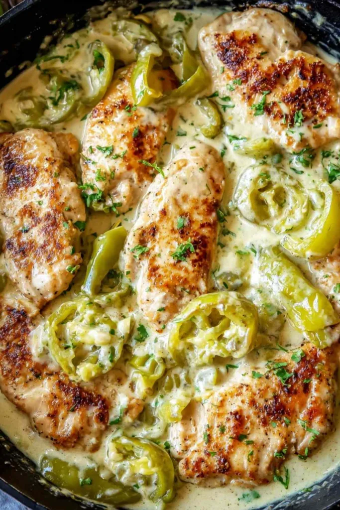 Creamy Pepperoncini Chicken Skillet in a cast iron pan with sauce