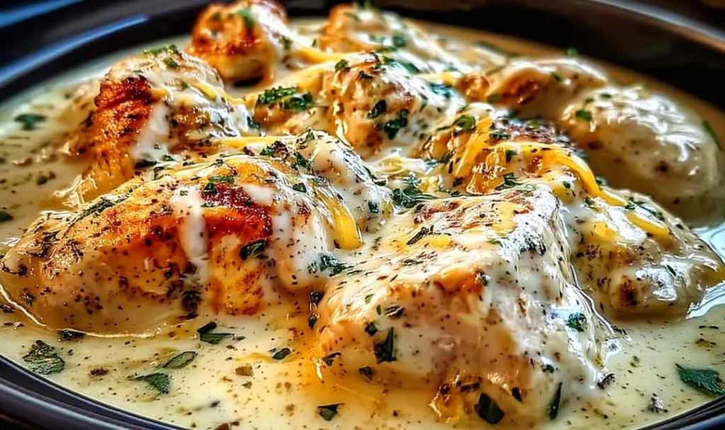 creamy ranch chicken crockpot served over mashed potatoes in a white bowl