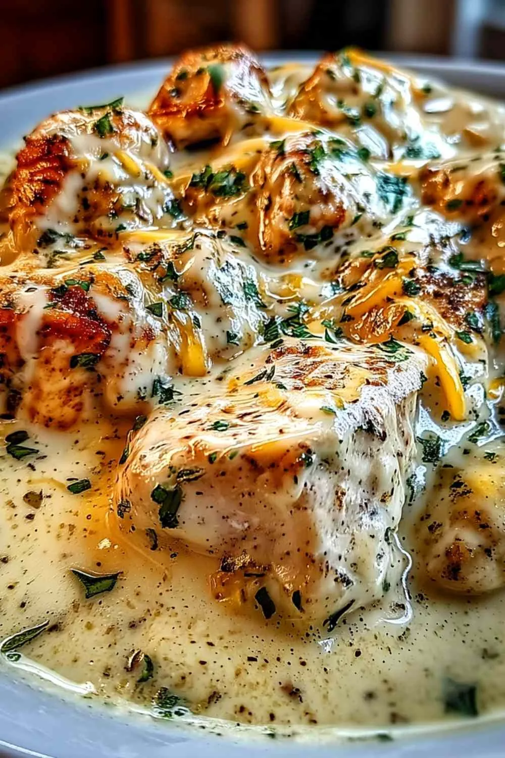 creamy ranch chicken crockpot served over mashed potatoes in a white bowl